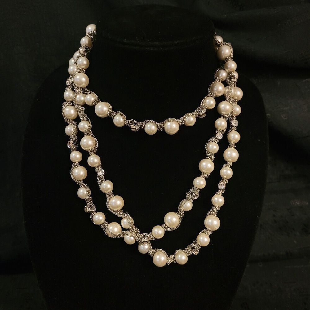 Lani Silvertone Chain White Glass Pearl & Rhinestone Necklace 60"
